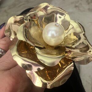 ring massive huge adjustable gold tone rose flower fake pearl